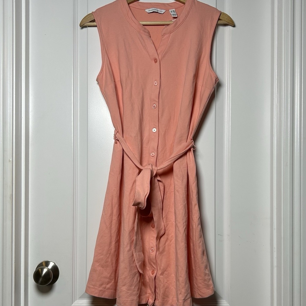 Isaac Mizrahi Live! Petite Pima Cotton Peach Button Front Tie Waist Shirt Dress